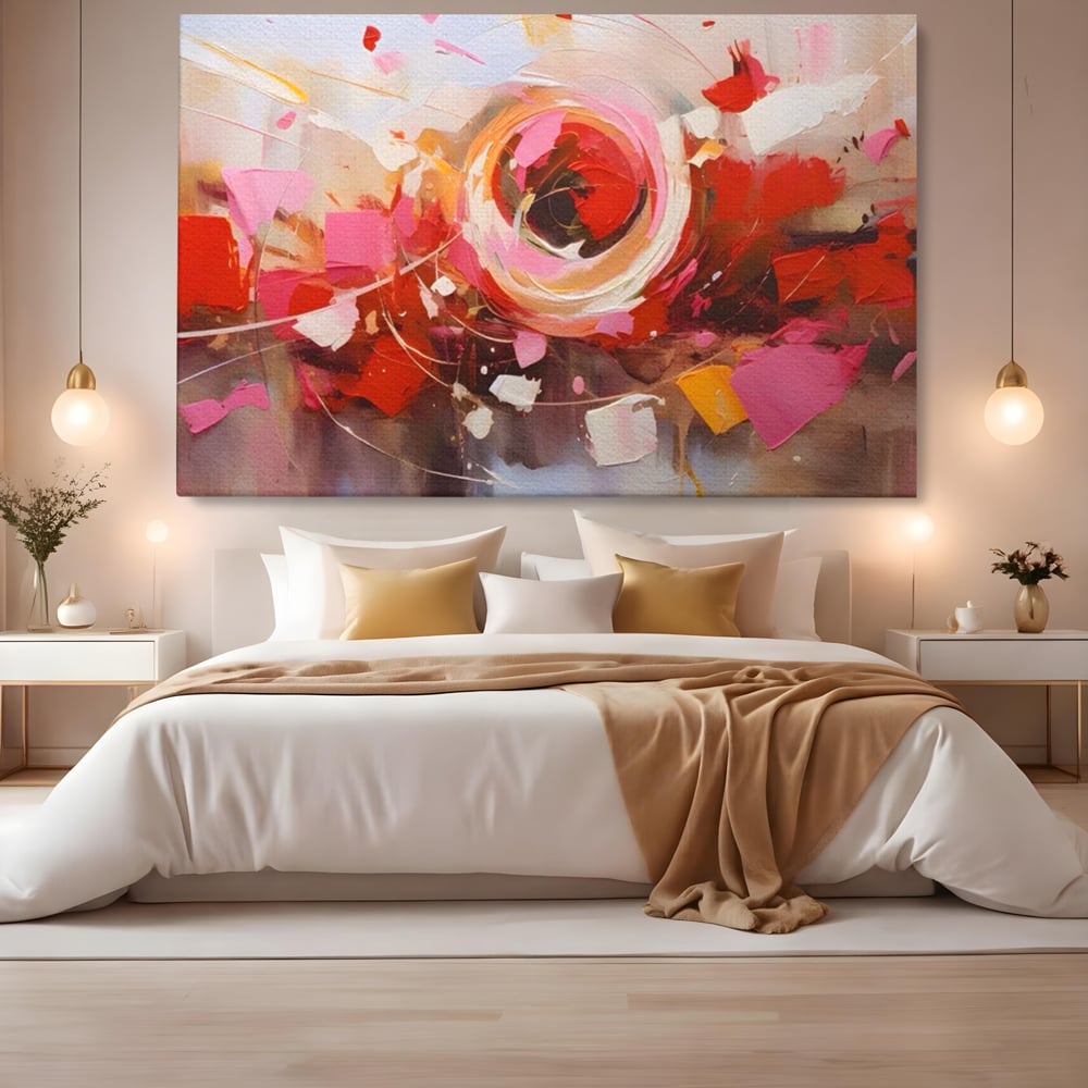 Tablou canvas cu tablou canvas cu floare abstracta si culori vibrante, fara rama, pe sasiu de lemn, pe perete intr-un dormitor